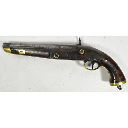 135 - A 19th Century Belgian Naval / Sea Service Percussion cap conversion pistol. Brass butt plate with l... 