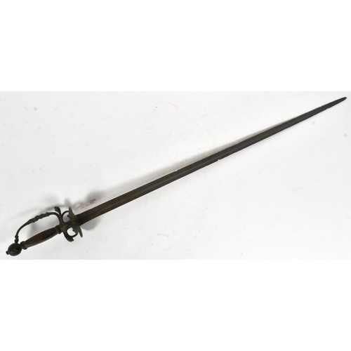 17 - An early 19th Century French court sword / smallsword with a rounded pommel, wooden grip with plaite... 