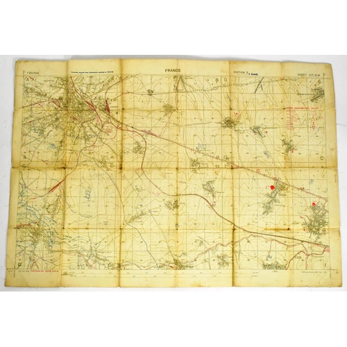 184 - A WWI First World War Trench Map of Cambrai region of France on folding linen, published in Septembe... 