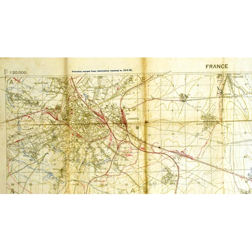 184 - A WWI First World War Trench Map of Cambrai region of France on folding linen, published in Septembe... 