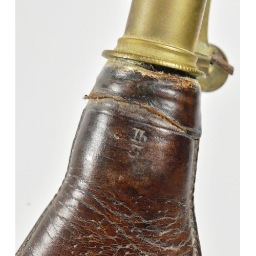 201 - Two early 20th Century Musket powder flasks. Brown leather pouches with brass necks and spring latch... 