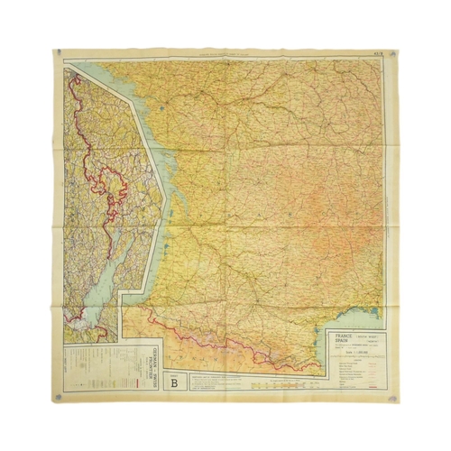 233 - A WWII Second World War silk escape Map of France and Spain. A double-sided map produced by the Brit... 