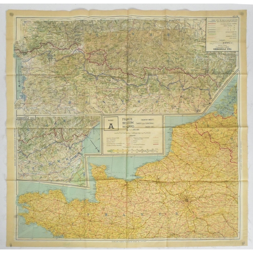 233 - A WWII Second World War silk escape Map of France and Spain. A double-sided map produced by the Brit... 