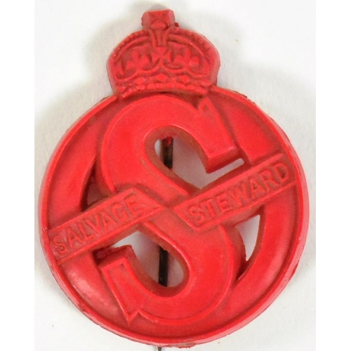 243 - A WWII Second World War British Salvage Steward badge. Red plastic construction with Kings crown. Ma... 