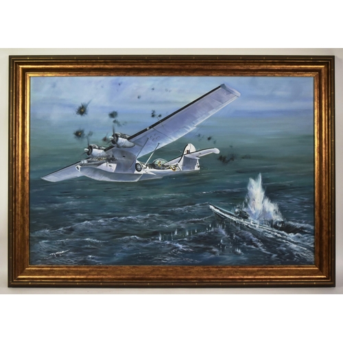 245 - Tim Fisher - an original oil on canvas painting titled ' Sinking of U-Boat 347 ' by Tim Fisher. Depi... 