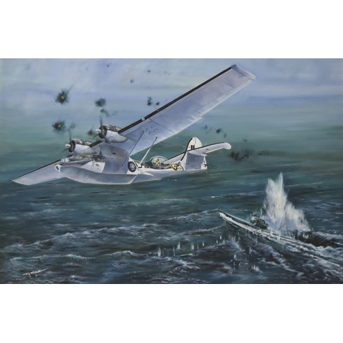 245 - Tim Fisher - an original oil on canvas painting titled ' Sinking of U-Boat 347 ' by Tim Fisher. Depi... 