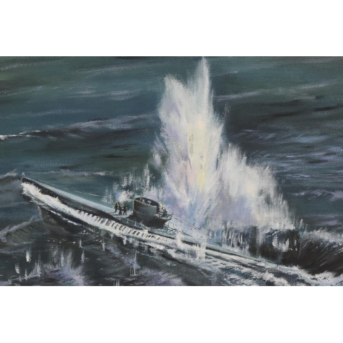 245 - Tim Fisher - an original oil on canvas painting titled ' Sinking of U-Boat 347 ' by Tim Fisher. Depi... 