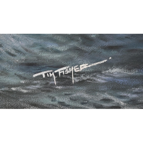 245 - Tim Fisher - an original oil on canvas painting titled ' Sinking of U-Boat 347 ' by Tim Fisher. Depi... 