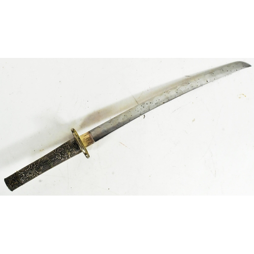 267 - A vintage Japanese style Samurai Katana /  Wakizashi sword. Solid cast metal hilt depicting Japanese... 