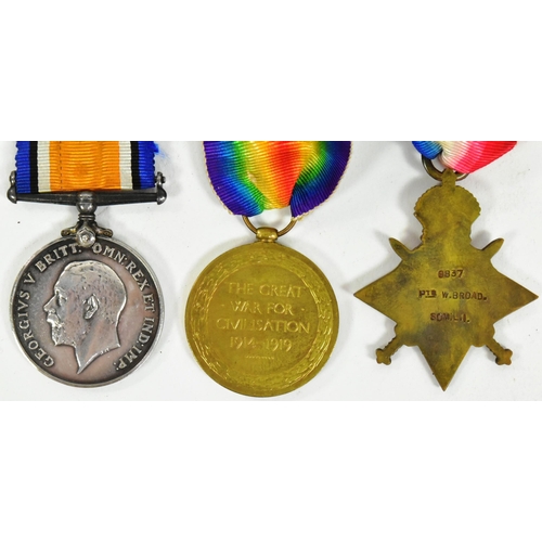 278 - A WWI First World War medal trio awarded to one 9838 Pte W. Broad of the Somerset Light Infantry. Me... 