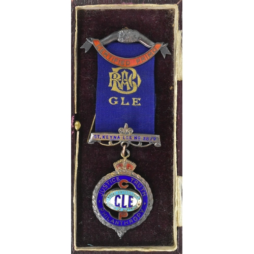 296 - A collection of assorted enamel pin badges and medals comprising a masonic The Royal Antediluvian Or... 