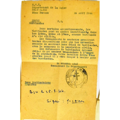 3 - A collection of WWII Second World War French Resistance ephemera to include a typed letter from Fren... 