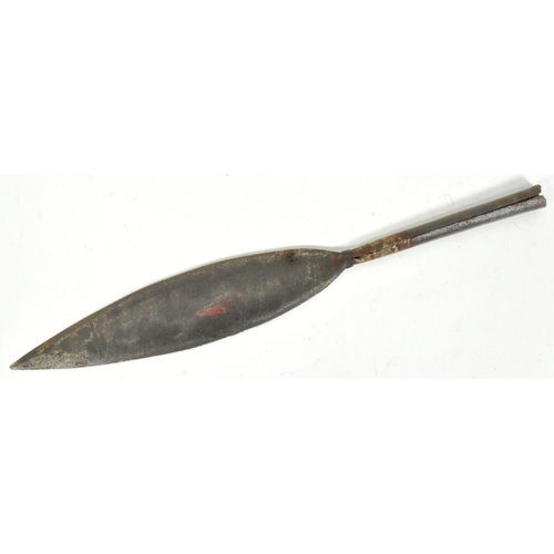 321 - A vintage African tribal spear head with a leaf shaped head and a hollow socket shaft. Measures appr... 