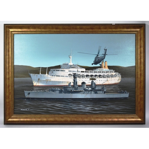 335 - Ivan Berryman - a original oil on canvas painting of the P&O cruise liner Canberra in San Carlos Wat... 