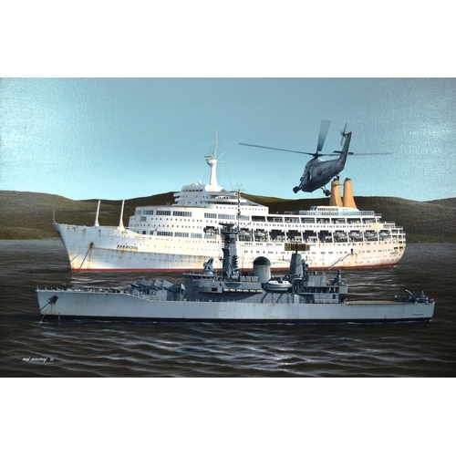 335 - Ivan Berryman - a original oil on canvas painting of the P&O cruise liner Canberra in San Carlos Wat... 