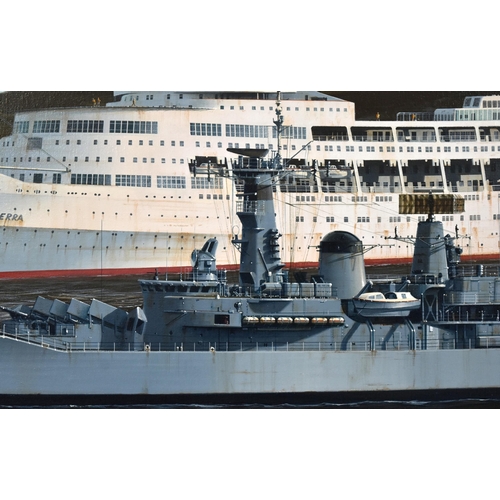 335 - Ivan Berryman - a original oil on canvas painting of the P&O cruise liner Canberra in San Carlos Wat... 