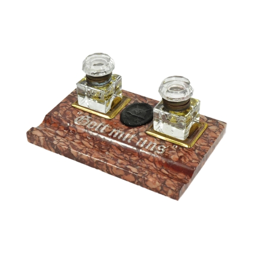 336 - A WWII Second World War Third Reich Nazi German desk tidy. Marbled base with x2 glass ink pots and a... 