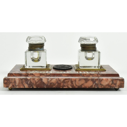 336 - A WWII Second World War Third Reich Nazi German desk tidy. Marbled base with x2 glass ink pots and a... 