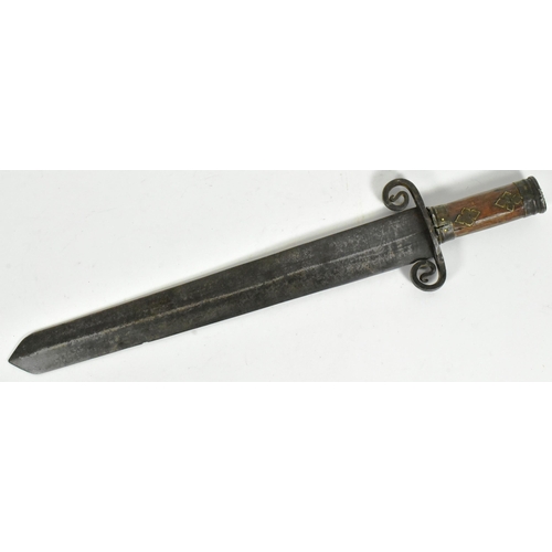 348 - A 20th Century medieval style sword. Capped metal pommel with layered floral motifs, wooden grip wit... 