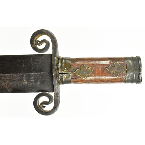 348 - A 20th Century medieval style sword. Capped metal pommel with layered floral motifs, wooden grip wit... 