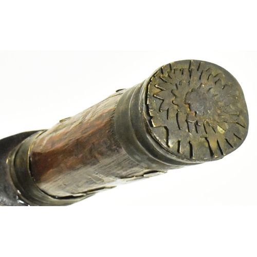 348 - A 20th Century medieval style sword. Capped metal pommel with layered floral motifs, wooden grip wit... 