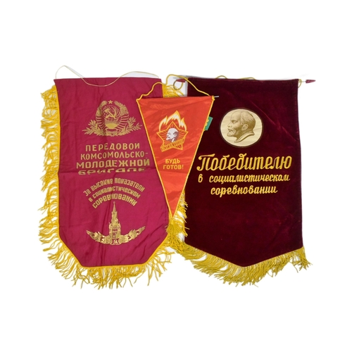 369 - Three original vintage USSR Russian Soviet Union pennant banners comprising; To The Winner in Social... 