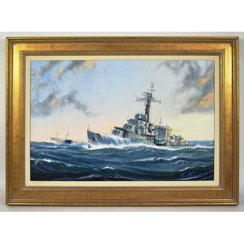 372 - Kenneth Grant - an original oil on canvas of British WWII Second World War HMS Cavalier in an offsho... 