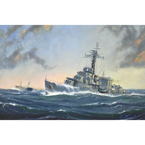 372 - Kenneth Grant - an original oil on canvas of British WWII Second World War HMS Cavalier in an offsho... 