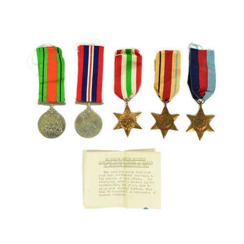 387 - A WWII Second World War medal group comprising; British War medal, Defence medal, Italy Star, 1939-4... 