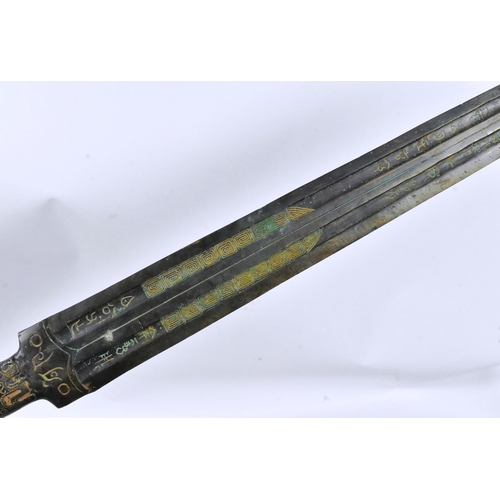 391 - A 19th Century Chinese Bronze age style sword. One piece construction with a double fullered blade e... 