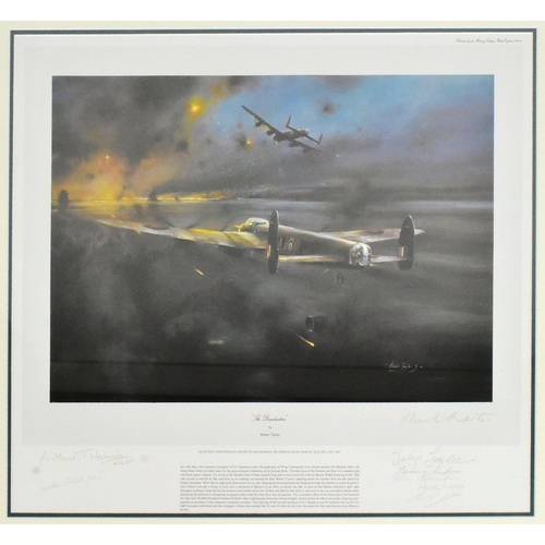 397 - Robert Taylor (b.1946) - a Robert Taylor colour print titled 'The Dambusters' depicting a war scene ... 