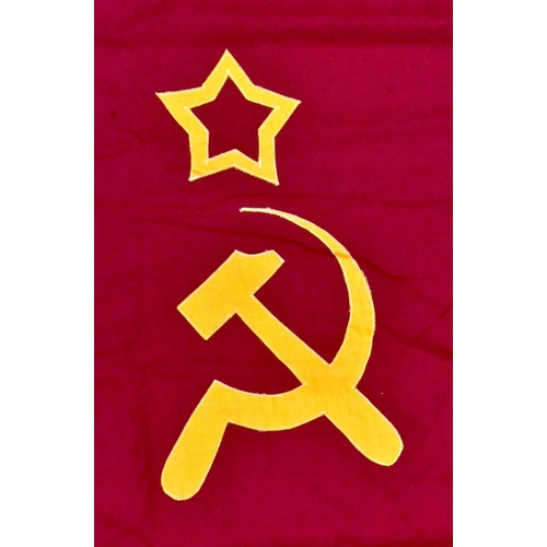 46 - A large vintage USSR Russian Soviet Union flag. Red cotton with appliqued yellow star and hammer sic... 