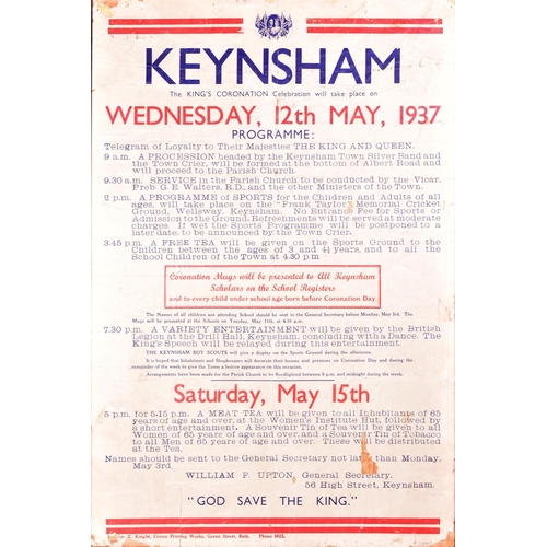 56 - Local Interest - an original 1937 King George VI Coronation poster detailing the celebrations in Key... 