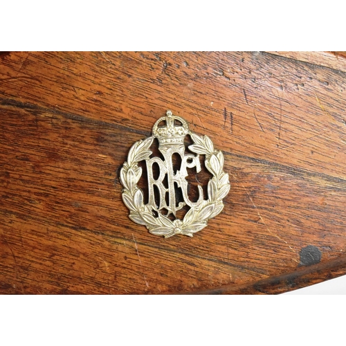 61 - A WWI First World War RFC Royal Flying Corps officers cap badge applied to a wooden box made from an... 