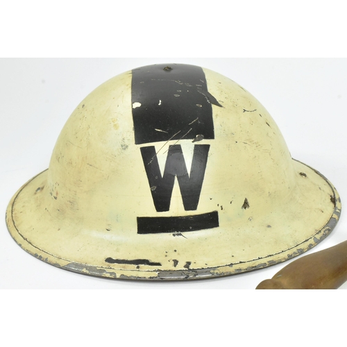 72 - A WWII Second World War British Home Front Air Raid Wardens brodie helmet with wooden gas rattle / c... 