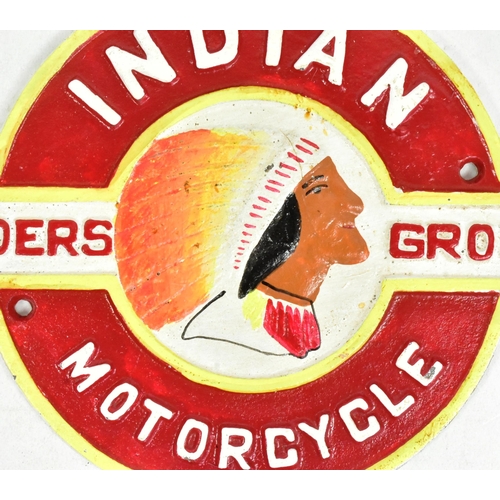 78 - A cast iron Indian Motorcycle Riders Group wall plaque. Measures approx 25cm.