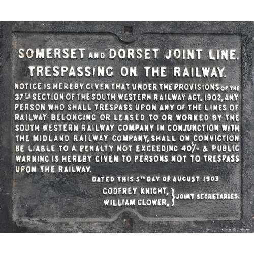 109 - Railwayana - an original Somerset & Dorset Joint Line cast iron trespassing notice sign. Dated 5th A... 