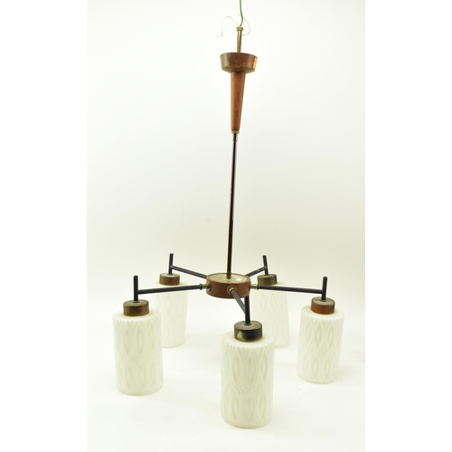 163 - A Danish inspired vintage mid 20th century circa 1970s teak & milk glass five arm ceiling chandelier... 