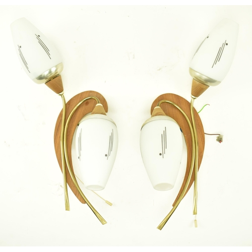 177 - A pair of retro mid 20th century circa 1960s teak veneered, brass & frosted glass wall sconces light... 