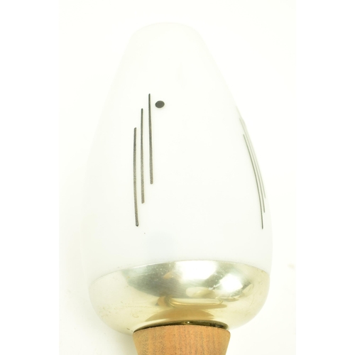 177 - A pair of retro mid 20th century circa 1960s teak veneered, brass & frosted glass wall sconces light... 