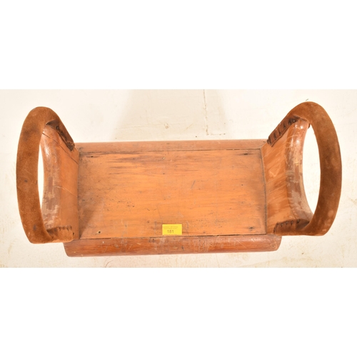 181 - A vintage mid 20th century oak gymnastics Pommel Horse / Saddle. Typical form with suede covered hoo... 