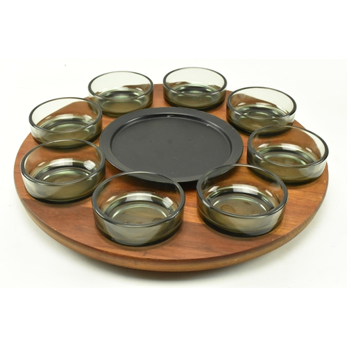 69 - A vintage Danish inspired 20th century circa 1970s teak & glass Lazy Susan serving appetizer tray in... 