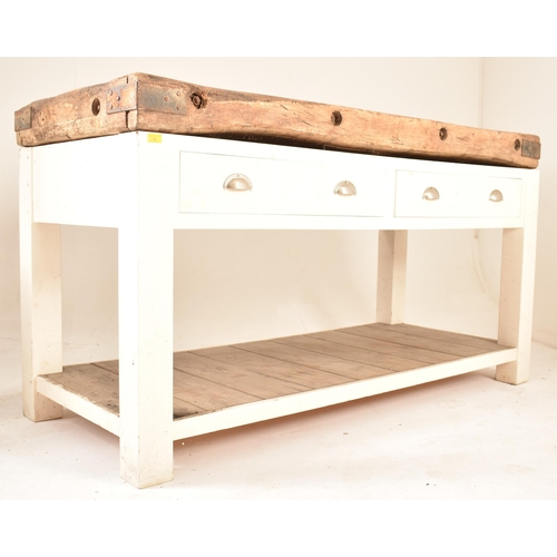80 - A large 20th century French kitchen island / butchers block on stand. Weathered top with iron boundi... 