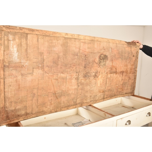 80 - A large 20th century French kitchen island / butchers block on stand. Weathered top with iron boundi... 