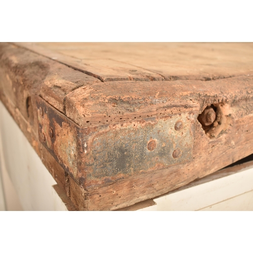 80 - A large 20th century French kitchen island / butchers block on stand. Weathered top with iron boundi... 