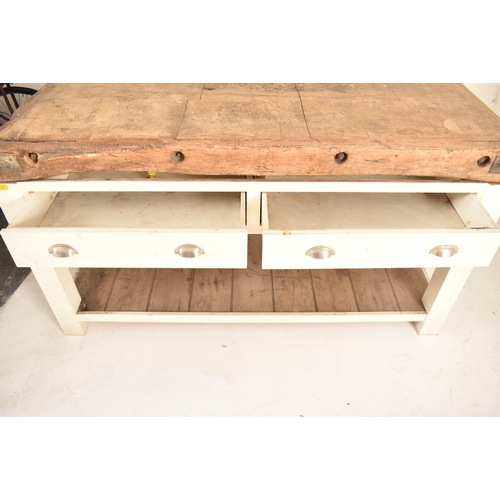 80 - A large 20th century French kitchen island / butchers block on stand. Weathered top with iron boundi... 