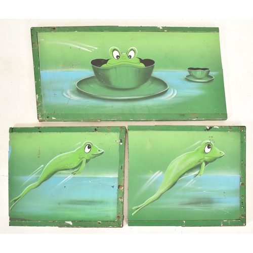 97 - Three vintage late 20th century 1980s Splat frog funfair / fairground amusement park panels. Two of ... 