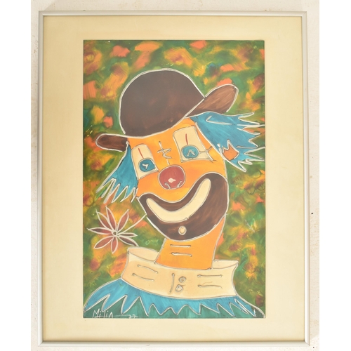 99 - A 20th century circa 1977 mixed media on board painting of clown. In oranges, blue and green tones w... 