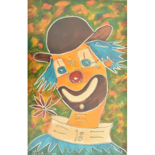 99 - A 20th century circa 1977 mixed media on board painting of clown. In oranges, blue and green tones w... 