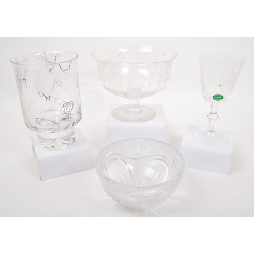 197 - A collection of 20th Century glass items with added hand engravings to include bonbon dish with grap... 